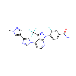 Cn1cc(-c2cn(-c3ccnc4c3c(C(F)(F)F)nn4-c3ccc(C(N)=O)cc3F)cn2)cn1 ZINC000169288305