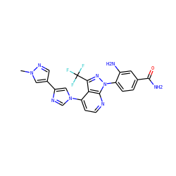 Cn1cc(-c2cn(-c3ccnc4c3c(C(F)(F)F)nn4-c3ccc(C(N)=O)cc3N)cn2)cn1 ZINC000169703561
