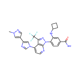 Cn1cc(-c2cn(-c3ccnc4c3c(C(F)(F)F)nn4-c3ccc(C(N)=O)cc3NC3CCC3)cn2)cn1 ZINC000169703567
