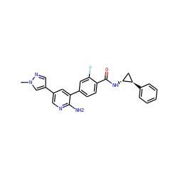 Cn1cc(-c2cnc(N)c(-c3ccc(C(=O)N[C@@H]4C[C@H]4c4ccccc4)c(F)c3)c2)cn1 ZINC001772582816