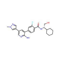 Cn1cc(-c2cnc(N)c(-c3ccc(C(=O)N[C@H](CO)C4CCCCC4)c(F)c3)c2)cn1 ZINC001772657769