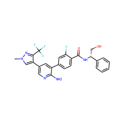 Cn1cc(-c2cnc(N)c(-c3ccc(C(=O)N[C@H](CO)c4ccccc4)c(F)c3)c2)c(C(F)(F)F)n1 ZINC001772608021