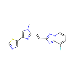 Cn1cc(-c2cncs2)nc1/C=C/c1nc2c(F)cccn2n1 ZINC000117868180