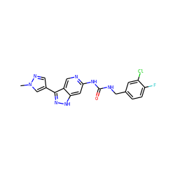 Cn1cc(-c2n[nH]c3cc(NC(=O)NCc4ccc(F)c(Cl)c4)ncc23)cn1 ZINC000205450654