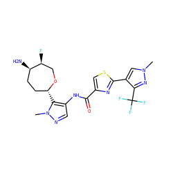 Cn1cc(-c2nc(C(=O)Nc3cnn(C)c3[C@@H]3CC[C@@H](N)[C@@H](F)CO3)cs2)c(C(F)(F)F)n1 ZINC000216887284