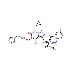 Cn1cc(C#N)cc1-c1c2c(=O)n(CC#CCn3ccnc3)c(=O)n(CC3CC3)c2nn1Cc1ccnc2ccc(Cl)cc12 ZINC000084741917