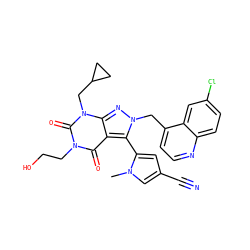 Cn1cc(C#N)cc1-c1c2c(=O)n(CCO)c(=O)n(CC3CC3)c2nn1Cc1ccnc2ccc(Cl)cc12 ZINC000084740497