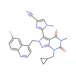 Cn1cc(C#N)nc1-c1c2c(=O)n(C)c(=O)n(CC3CC3)c2nn1Cc1ccnc2ccc(Cl)cc12 ZINC000084740876
