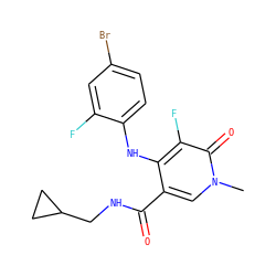 Cn1cc(C(=O)NCC2CC2)c(Nc2ccc(Br)cc2F)c(F)c1=O ZINC000013679354