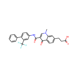 Cn1cc(C(=O)Nc2ccc(-c3ccccc3)c(C(F)(F)F)c2)c(=O)c2ccc(CCC(=O)O)cc21 ZINC000084652756