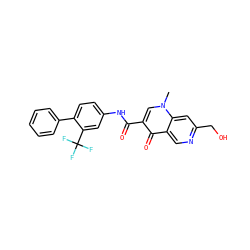 Cn1cc(C(=O)Nc2ccc(-c3ccccc3)c(C(F)(F)F)c2)c(=O)c2cnc(CO)cc21 ZINC000084706844