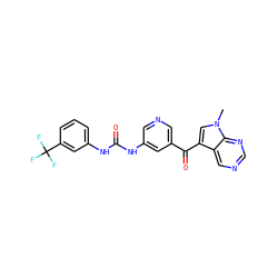Cn1cc(C(=O)c2cncc(NC(=O)Nc3cccc(C(F)(F)F)c3)c2)c2cncnc21 ZINC000169707849