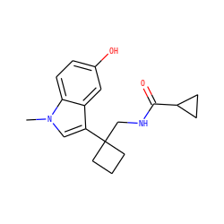 Cn1cc(C2(CNC(=O)C3CC3)CCC2)c2cc(O)ccc21 ZINC000036188174