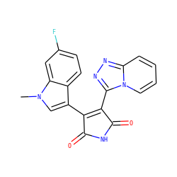Cn1cc(C2=C(c3nnc4ccccn34)C(=O)NC2=O)c2ccc(F)cc21 ZINC000299855540