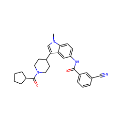 Cn1cc(C2CCN(C(=O)C3CCCC3)CC2)c2cc(NC(=O)c3cccc(C#N)c3)ccc21 ZINC000221075822