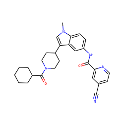 Cn1cc(C2CCN(C(=O)C3CCCCC3)CC2)c2cc(NC(=O)c3cc(C#N)ccn3)ccc21 ZINC000223083420