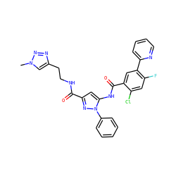 Cn1cc(CCNC(=O)c2cc(NC(=O)c3cc(-c4ccccn4)c(F)cc3Cl)n(-c3ccccc3)n2)nn1 ZINC001772575438