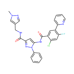 Cn1cc(CNC(=O)c2cc(NC(=O)c3cc(-c4ccccn4)c(F)cc3Cl)n(-c3ccccc3)n2)cn1 ZINC001772636582