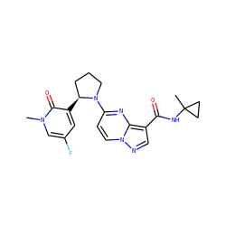 Cn1cc(F)cc([C@H]2CCCN2c2ccn3ncc(C(=O)NC4(C)CC4)c3n2)c1=O ZINC000169704299