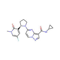Cn1cc(F)cc([C@H]2CCCN2c2ccn3ncc(C(=O)NC4CC4)c3n2)c1=O ZINC000169704290