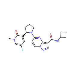 Cn1cc(F)cc([C@H]2CCCN2c2ccn3ncc(C(=O)NC4CCC4)c3n2)c1=O ZINC000169704292