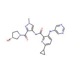 Cn1cc(NC(=O)c2nc(C3CC3)ccc2Nc2cncnc2)c(C(=O)N2CC[C@@H](O)C2)n1 ZINC000148604930