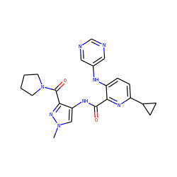 Cn1cc(NC(=O)c2nc(C3CC3)ccc2Nc2cncnc2)c(C(=O)N2CCCC2)n1 ZINC000169701672