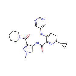 Cn1cc(NC(=O)c2nc(C3CC3)ccc2Nc2cncnc2)c(C(=O)N2CCCCC2)n1 ZINC000169701664