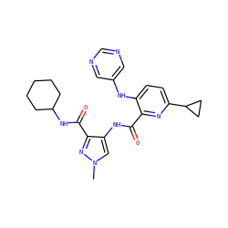 Cn1cc(NC(=O)c2nc(C3CC3)ccc2Nc2cncnc2)c(C(=O)NC2CCCCC2)n1 ZINC000148624200