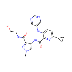 Cn1cc(NC(=O)c2nc(C3CC3)ccc2Nc2cncnc2)c(C(=O)NCCO)n1 ZINC000150070175