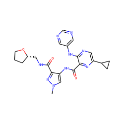 Cn1cc(NC(=O)c2nc(C3CC3)cnc2Nc2cncnc2)c(C(=O)NC[C@@H]2CCCO2)n1 ZINC000147642805