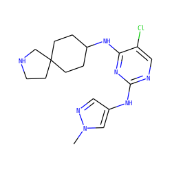 Cn1cc(Nc2ncc(Cl)c(NC3CCC4(CCNC4)CC3)n2)cn1 ZINC001772617830