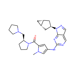 Cn1cc(Nc2ncc3cnn([C@H]4C[C@@H]5C[C@@H]5C4)c3n2)cc1C(=O)N1CCC[C@H]1CN1CCCC1 ZINC000101500493