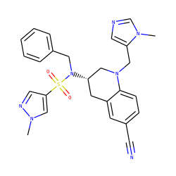 Cn1cc(S(=O)(=O)N(Cc2ccccc2)[C@H]2Cc3cc(C#N)ccc3N(Cc3cncn3C)C2)cn1 ZINC000028358733