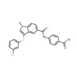 Cn1cc(Sc2cccc(Cl)c2)c2cc(C(=O)Nc3ccc(C(=O)O)cc3)ccc21 ZINC000299857348