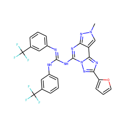 Cn1cc2c(nc(NC(=Nc3cccc(C(F)(F)F)c3)Nc3cccc(C(F)(F)F)c3)n3nc(-c4ccco4)nc23)n1 ZINC000473119641
