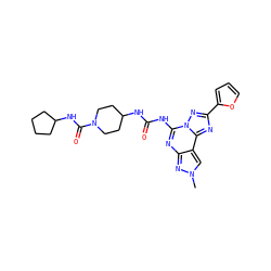 Cn1cc2c(nc(NC(=O)NC3CCN(C(=O)NC4CCCC4)CC3)n3nc(-c4ccco4)nc23)n1 ZINC000084711276
