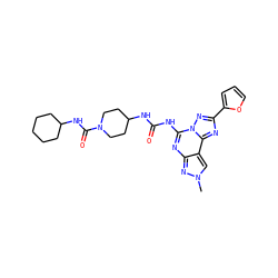 Cn1cc2c(nc(NC(=O)NC3CCN(C(=O)NC4CCCCC4)CC3)n3nc(-c4ccco4)nc23)n1 ZINC000084711279