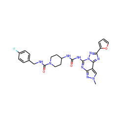 Cn1cc2c(nc(NC(=O)NC3CCN(C(=O)NCc4ccc(F)cc4)CC3)n3nc(-c4ccco4)nc23)n1 ZINC000084689384