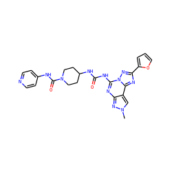 Cn1cc2c(nc(NC(=O)NC3CCN(C(=O)Nc4ccncc4)CC3)n3nc(-c4ccco4)nc23)n1 ZINC000084671831