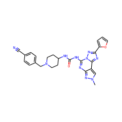 Cn1cc2c(nc(NC(=O)NC3CCN(Cc4ccc(C#N)cc4)CC3)n3nc(-c4ccco4)nc23)n1 ZINC000084689267
