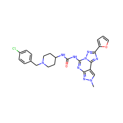 Cn1cc2c(nc(NC(=O)NC3CCN(Cc4ccc(Cl)cc4)CC3)n3nc(-c4ccco4)nc23)n1 ZINC000084688713