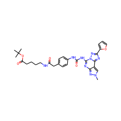 Cn1cc2c(nc(NC(=O)Nc3ccc(CC(=O)NCCCCC(=O)OC(C)(C)C)cc3)n3nc(-c4ccco4)nc23)n1 ZINC001772599065