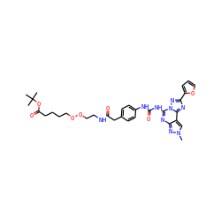 Cn1cc2c(nc(NC(=O)Nc3ccc(CC(=O)NCCOOCCCCC(=O)OC(C)(C)C)cc3)n3nc(-c4ccco4)nc23)n1 ZINC001772649240