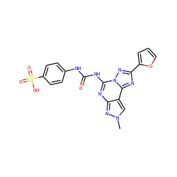 Cn1cc2c(nc(NC(=O)Nc3ccc(S(=O)(=O)O)cc3)n3nc(-c4ccco4)nc23)n1 ZINC000013472321