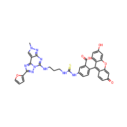 Cn1cc2c(nc(NCCCNC(=S)Nc3ccc(-c4c5ccc(=O)cc-5oc5cc(O)ccc45)c(C(=O)O)c3)n3nc(-c4ccco4)nc23)n1 ZINC001772642723