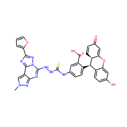 Cn1cc2c(nc(NNC(=S)Nc3ccc([C@@H]4c5ccc(O)cc5OC5=CC(=O)C=C[C@@H]54)c(C(=O)O)c3)n3nc(-c4ccco4)nc23)n1 ZINC000096914717