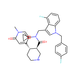 Cn1ccc([C@H]2CCNC[C@@H]2C(=O)N(Cc2cn(Cc3ccc(F)cc3)c3cccc(F)c23)C2CC2)cc1=O ZINC000072175416