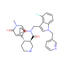 Cn1ccc([C@H]2CCNC[C@@H]2C(=O)N(Cc2cn(Cc3cccnc3)c3cccc(F)c23)C2CC2)cc1=O ZINC000072175298