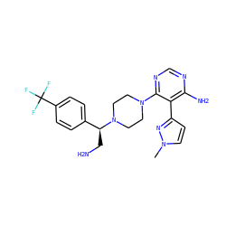 Cn1ccc(-c2c(N)ncnc2N2CCN([C@@H](CN)c3ccc(C(F)(F)F)cc3)CC2)n1 ZINC000218683605